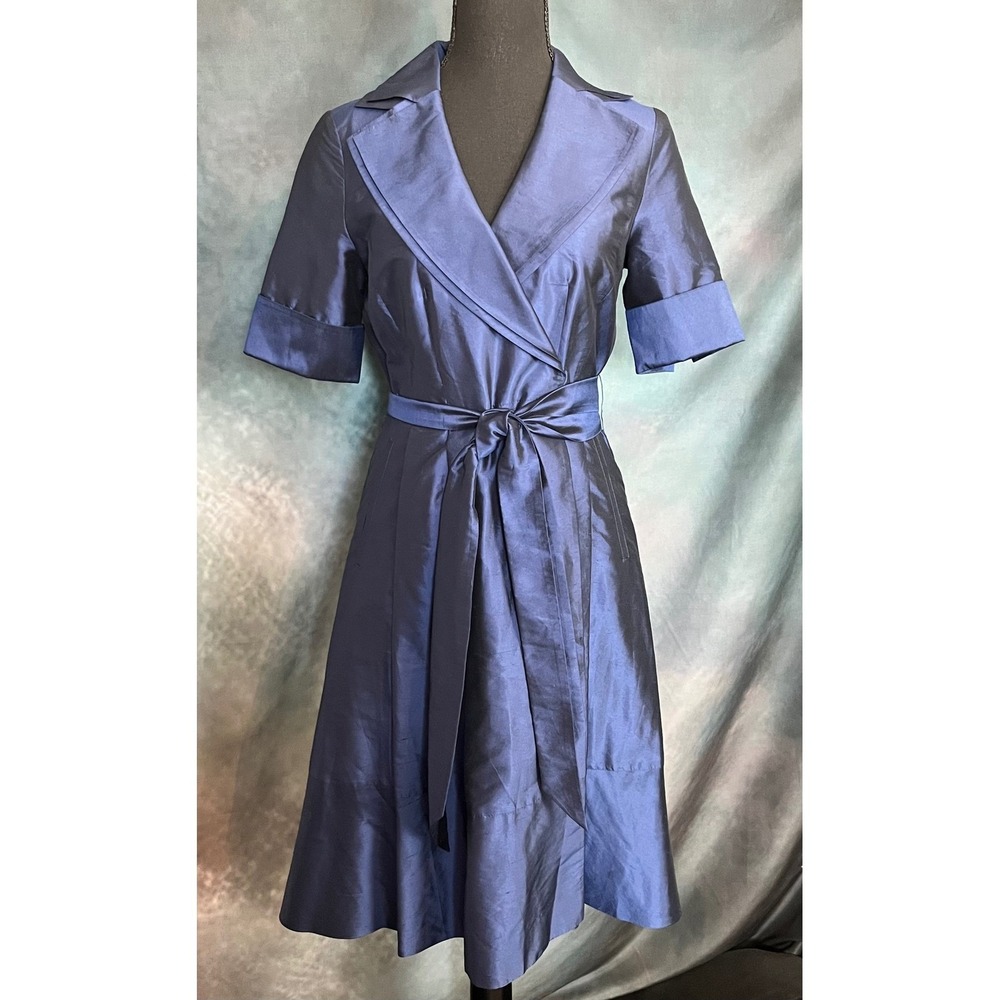 Coast Elegant Blue 100% Silk Taffeta Wrap Dress Short Sleeve Cocktail Size 8